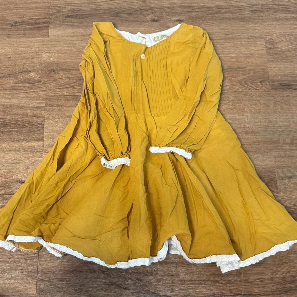 Girls' Yellow Long-Sleeve Ruffle-Trim Casual Dress